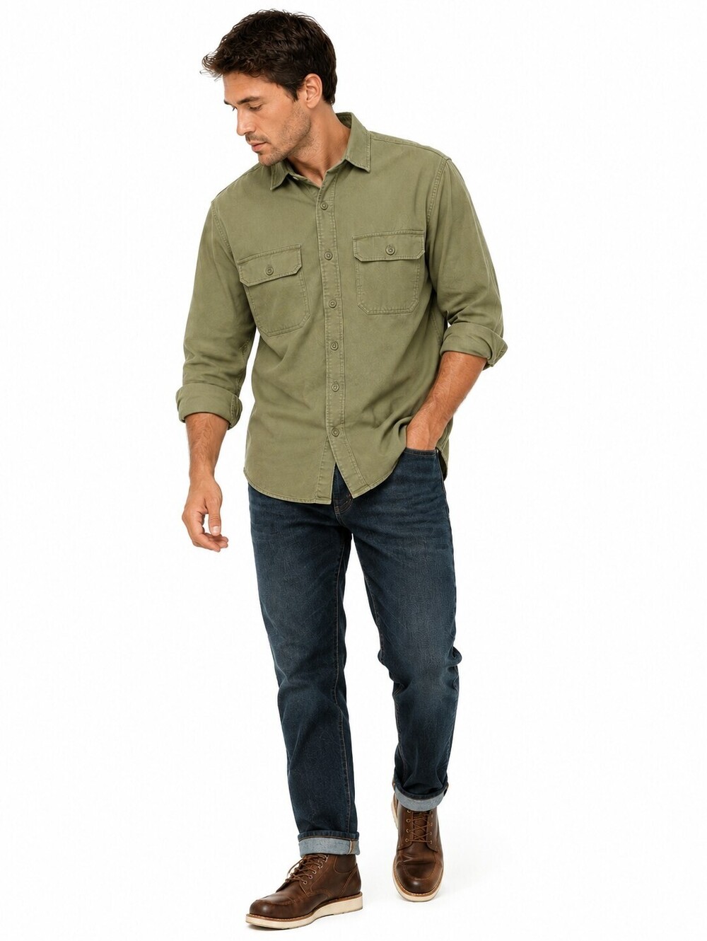 L.L.Bean Men’s Thick 100% Cotton Green Long Sleeve Button Front Utility Shirt-LT